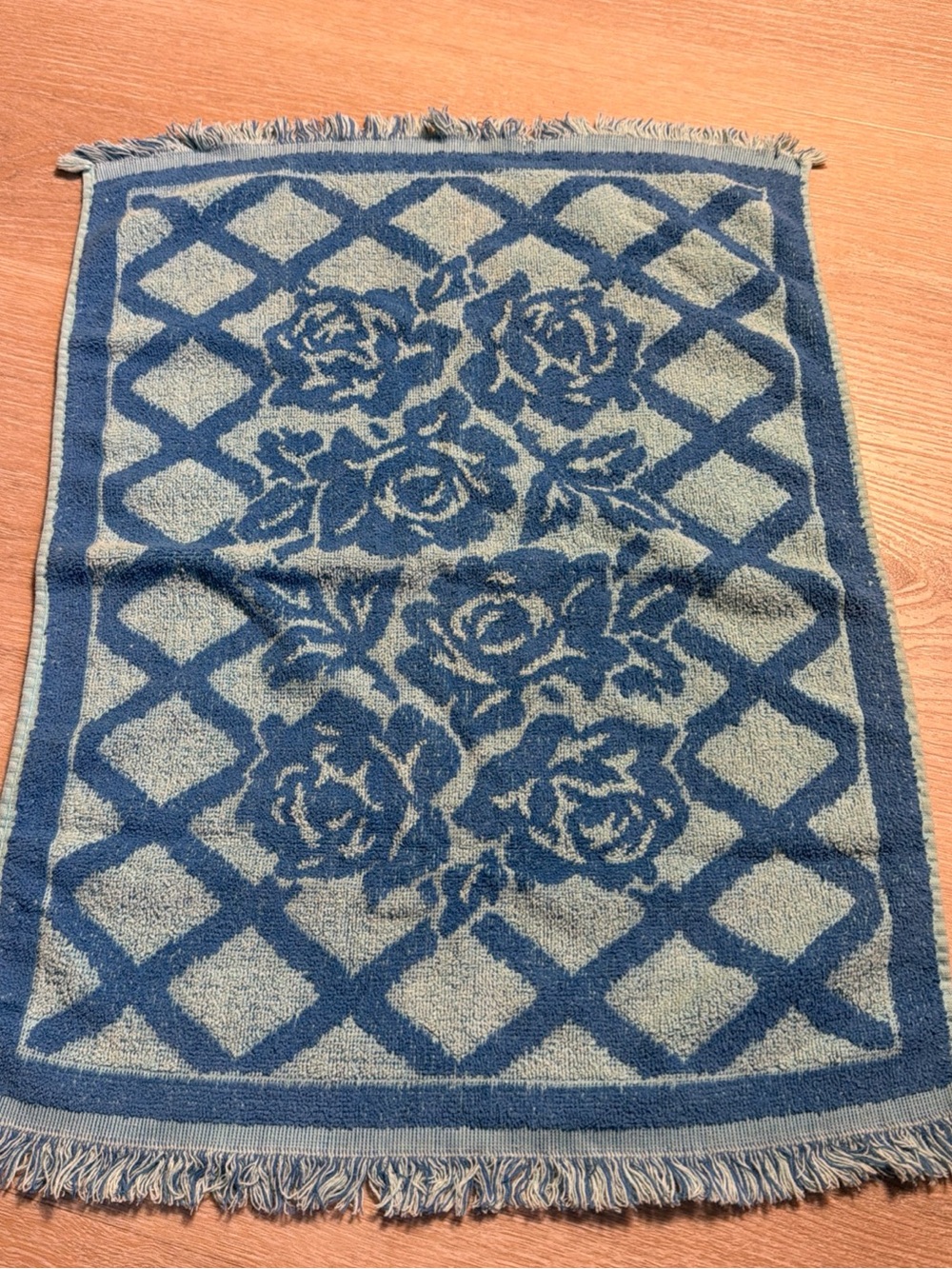 Vintage 1970s St Marys Blue Rose Hand Towel MCM Terry Cloth Fringe Bathroom